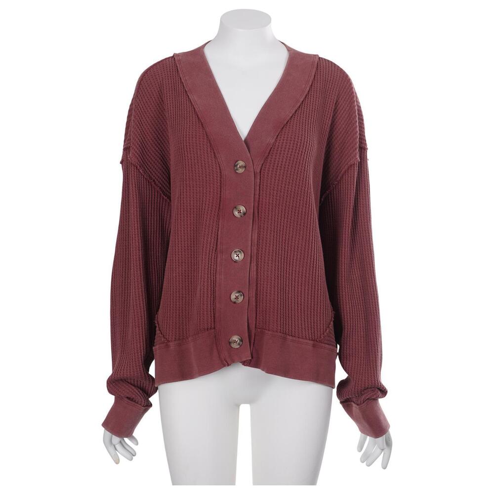 Sundance Cardigan L Mauve Waffle Knit Cotton Button Up V-Neck Casual Sweater